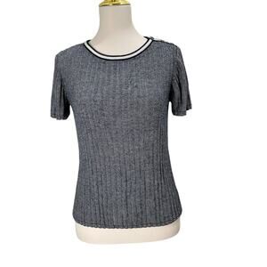 St. John Women's Short Sleeve Sweater Black & White Striped Ribbed Knit - Medium